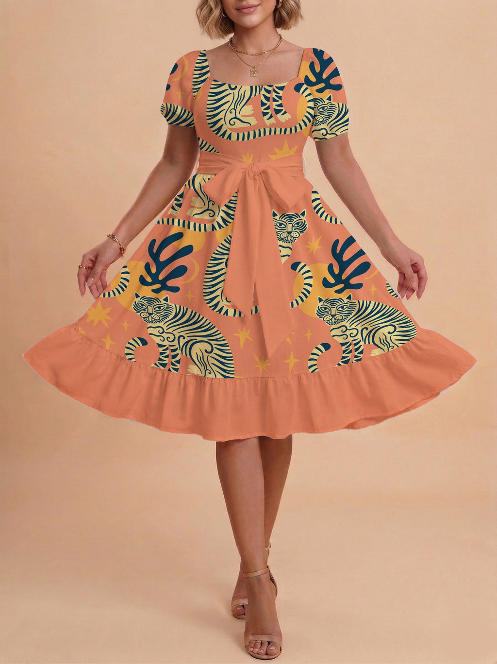 Damen A-Linien-Kleid mit floralen Motiven und taillierbarem Gürtel EB