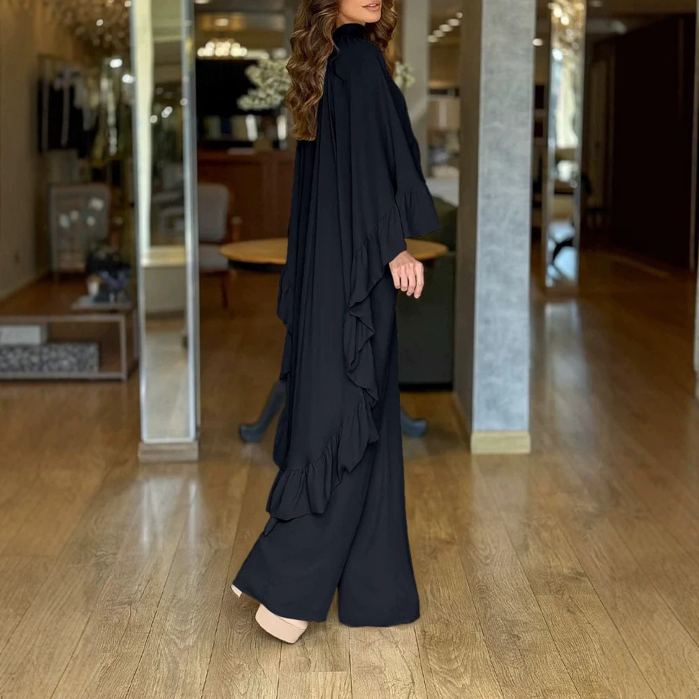 Eleganter Damen-Jumpsuit mit Cape-Rüsche und weitem Palazzo-Bein