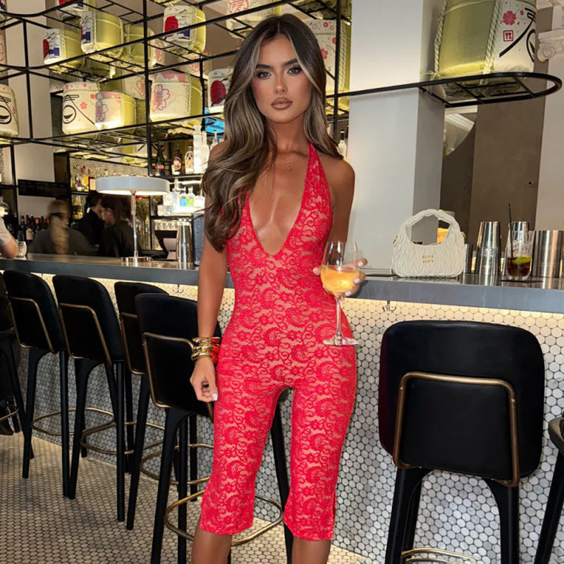 Damen Eleganter Spitzen-Jumpsuit mit tiefem V-Ausschnitt und figurbetonter Silhouette EB
