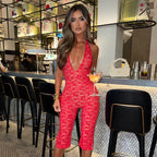 Damen Eleganter Spitzen-Jumpsuit mit tiefem V-Ausschnitt und figurbetonter Silhouette EB