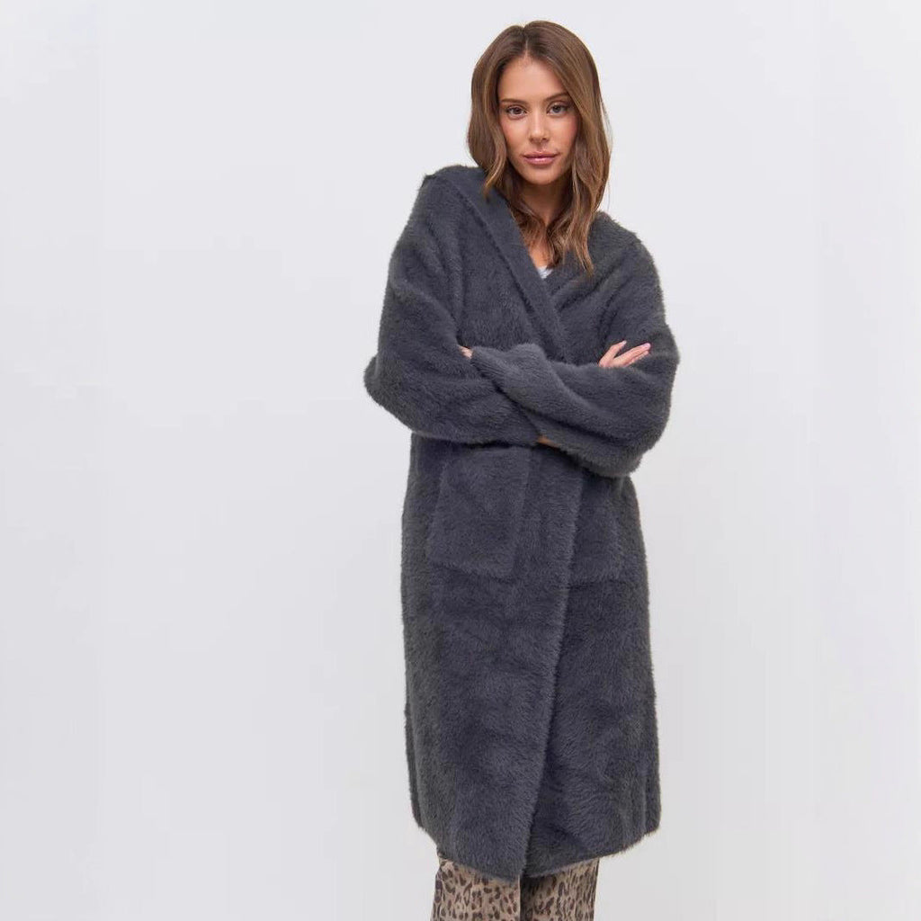 Damen Kapuzen-Strickmantel mit luxuriösem Flauschteil EB
