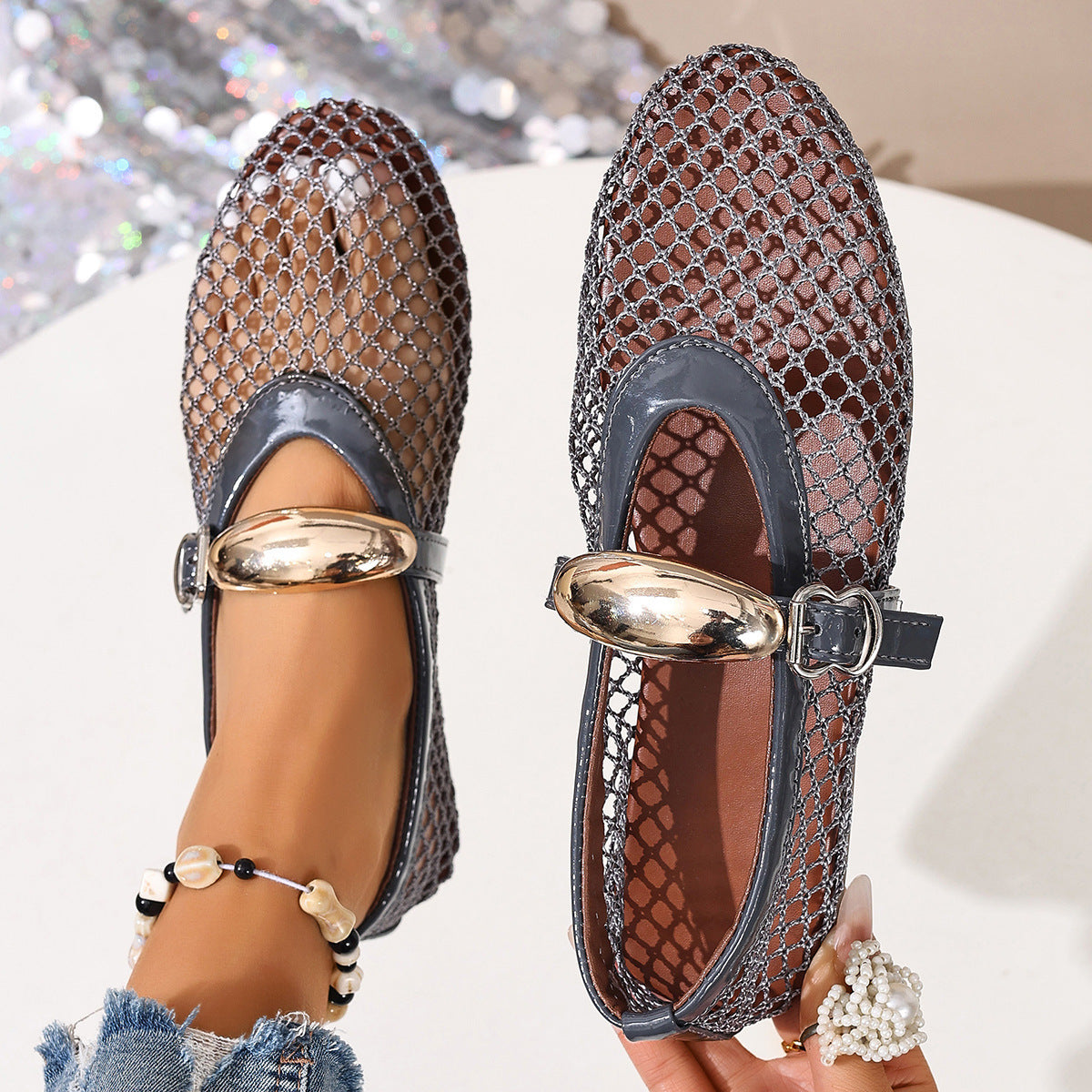 Damen Ballerinas mit modischem Netzdesign und dekorativem Riemchen EB