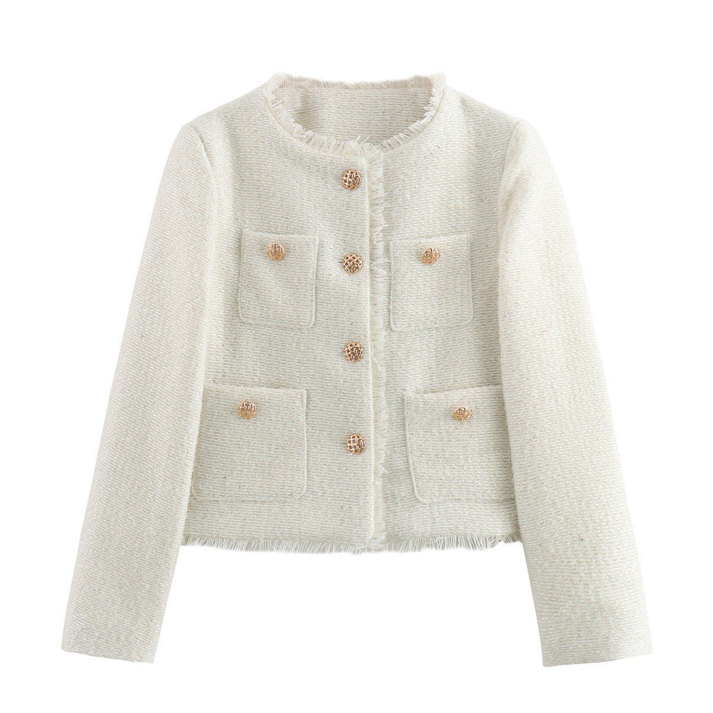 Damen elegante Tweed-Jacke mit Fransen und dekorativen Knöpfen EB