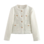 Damen elegante Tweed-Jacke mit Fransen und dekorativen Knöpfen EB