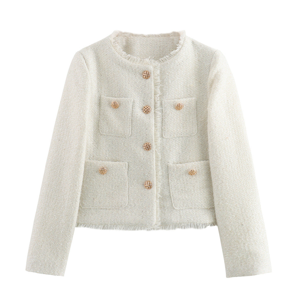 Damen elegante Tweed-Jacke mit Fransen und dekorativen Knöpfen EB