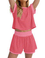 Damen Lässiges gestreiftes Set aus lockerer Oberteil und Shorts EB
