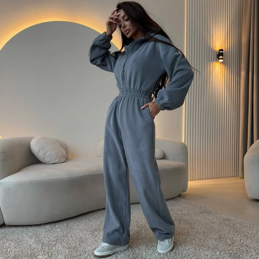 Damen eleganter Jumpsuit mit kurzem Reißverschluss und elastischem Bund EB