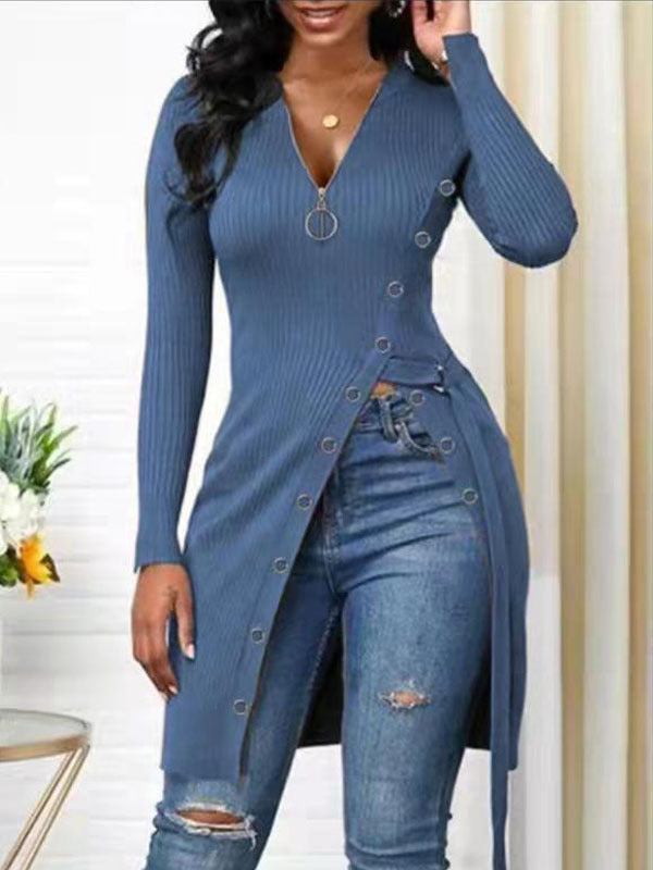 Damen Strickmantel mit asymmetrischem Schnitt und dekorativen Knopfdetails EB