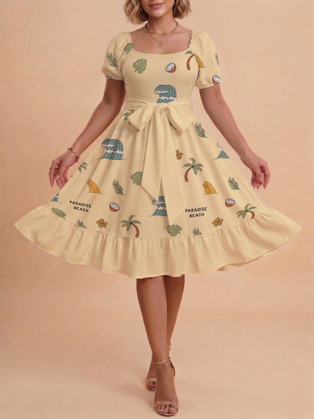 Damen A-Linien-Kleid mit floralen Motiven und taillierbarem Gürtel EB
