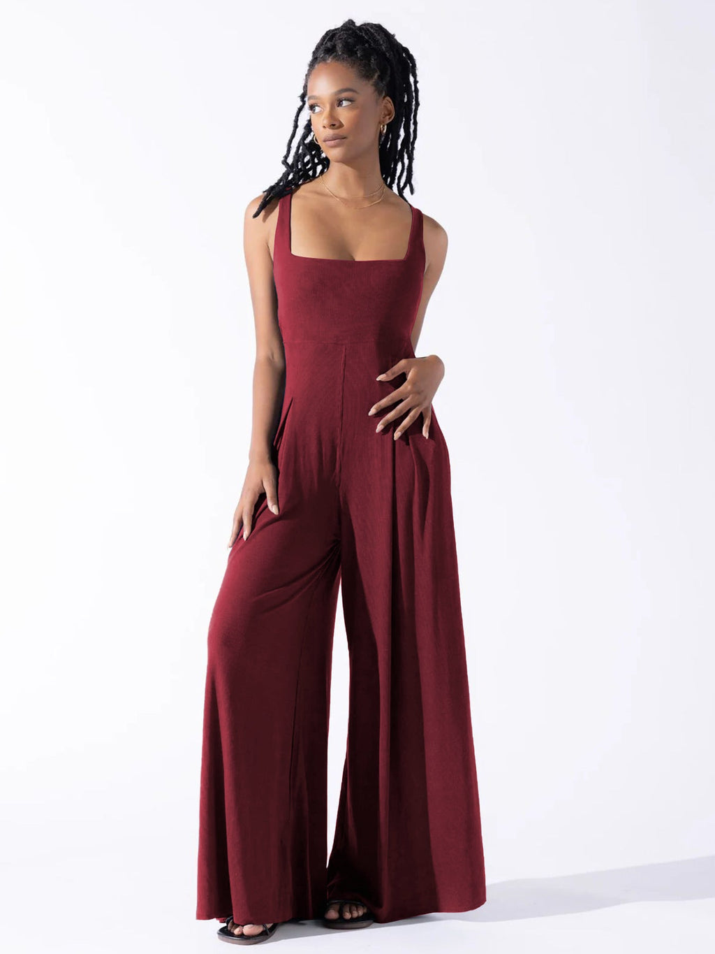 Damen Eleganter Jersey Jumpsuit mit weitem Bein und tiefem Ausschnitt EB
