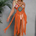 Damen Häkel-Strandüberwurf im bohemian Stil mit dekorativen Fransen EB