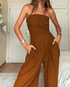 Damen trägerloser Jumpsuit mit weitem Bein und seitlichen Taschen EB