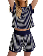 Damen Lässiges gestreiftes Set aus lockerer Oberteil und Shorts EB