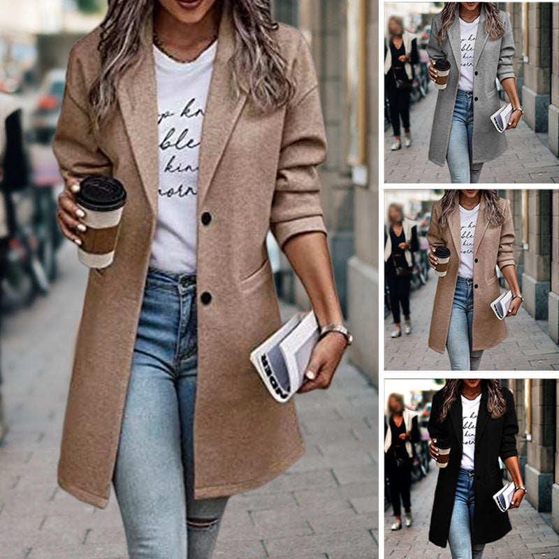 Damen eleganter City-Mantel mit schmalem Revers und praktischen Taschen EB