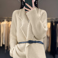 Damen Grobstrick Cardigan mit eleganten Revers und Taillengürtel EB