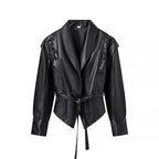 Damen Kunstlederjacke mit edlem Bindegürtel und raffinierten Schnürdetails EB