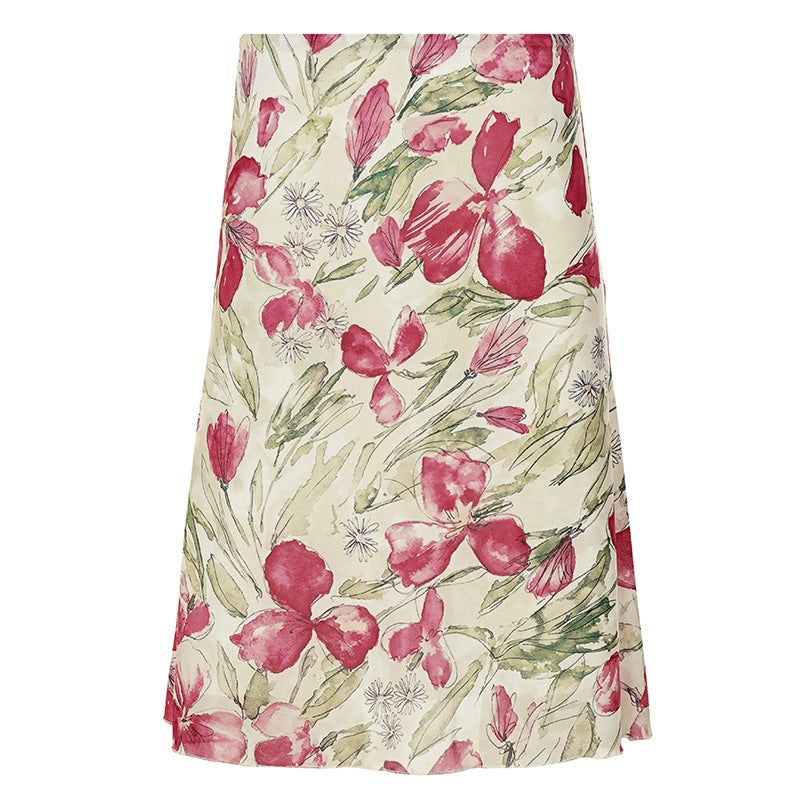 Damen eleganter Midirock mit floralen Motiven und schwingendem Schnitt EB