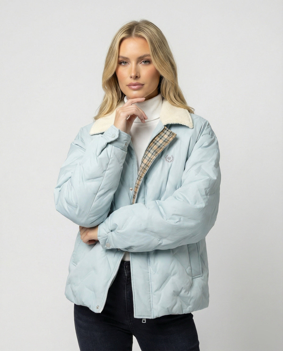 Damen Cord-Patchwork Steppjacke Warmer Wintermantel mit Revers Kragen