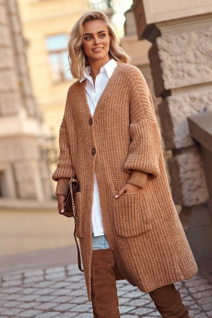 Damen Grober Strickmantel mit praktischen Taschen und modischem Knopfverschluss EB