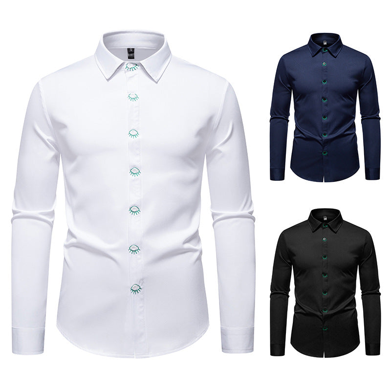 Herren elegantes Langarmhemd mit kreativen Stickdetails EB