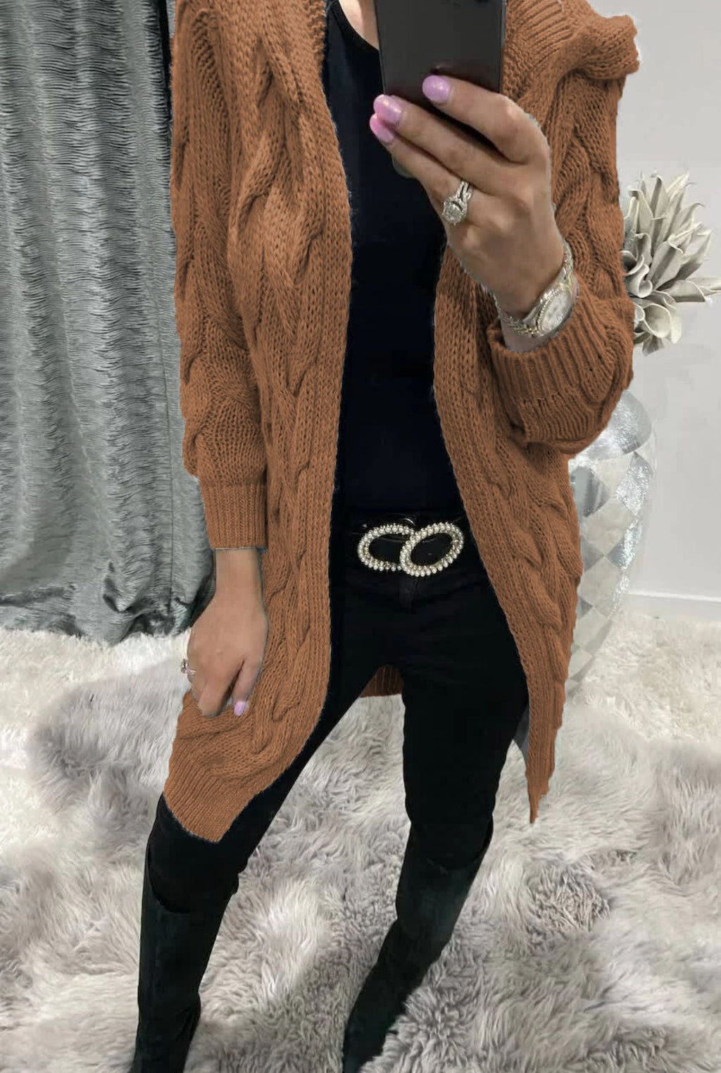 Damen Grobstrick-Cardigan mit Kapuze und Zopfmuster EB