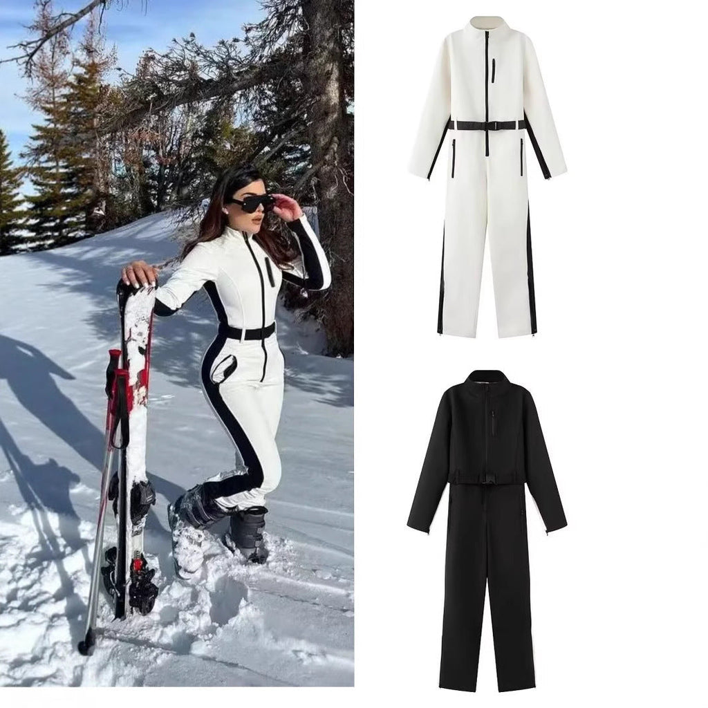 Damen-Utility-Overall mit hohem Kragen, Reißverschlüssen und Taillengürtel