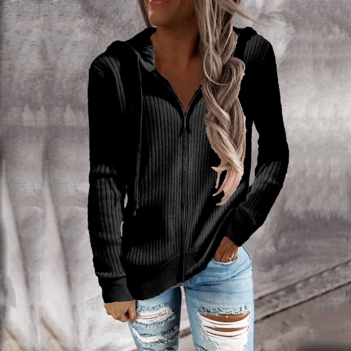 Damen Kapuzenjacke im modernen Rippenstrickdesign mit Taschen EB