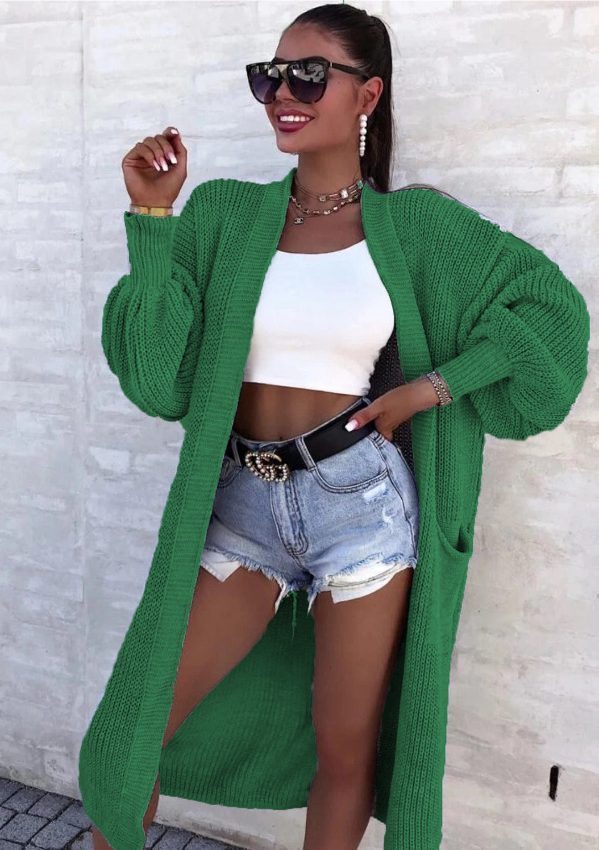 Damen Langer Strickmantel mit oversized Ärmeln und praktischen Taschen EB