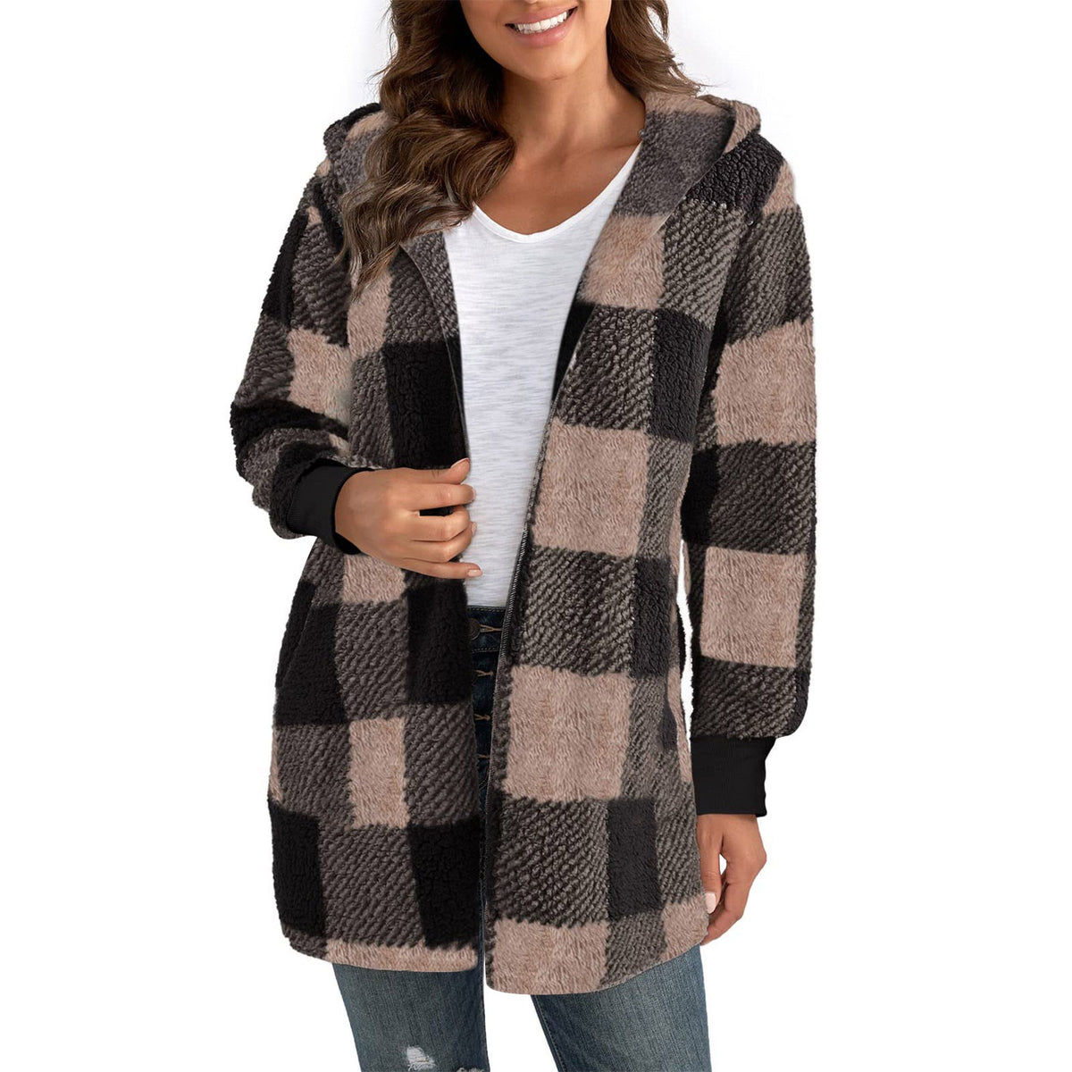 Damen Kuschelige Fleecejacke mit Karomuster und kapuziertem Design EB
