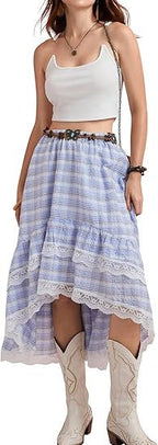 Damen Boho Maxi-Rock mit asymmetrischem Saum und Spitzenverzierungen EB