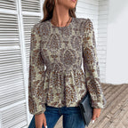 Damen Elegante Bluse mit raffiniertem Floral-Design und Puffärmeln EB