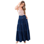 Damen Denim Maxikleid im Boho-Stil mit voluminösem Rock und Rüschen EB