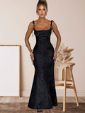 Damen Elegantes Langarm Abendkleid mit floralem Jacquard-Muster und zartem Rückenausschnitt EB