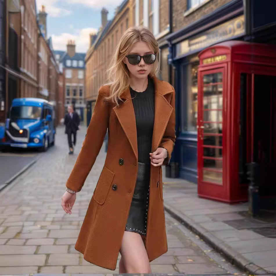 Damen eleganter Wollmantel mit doppelter Knopfreihe und praktischen Taschen EB