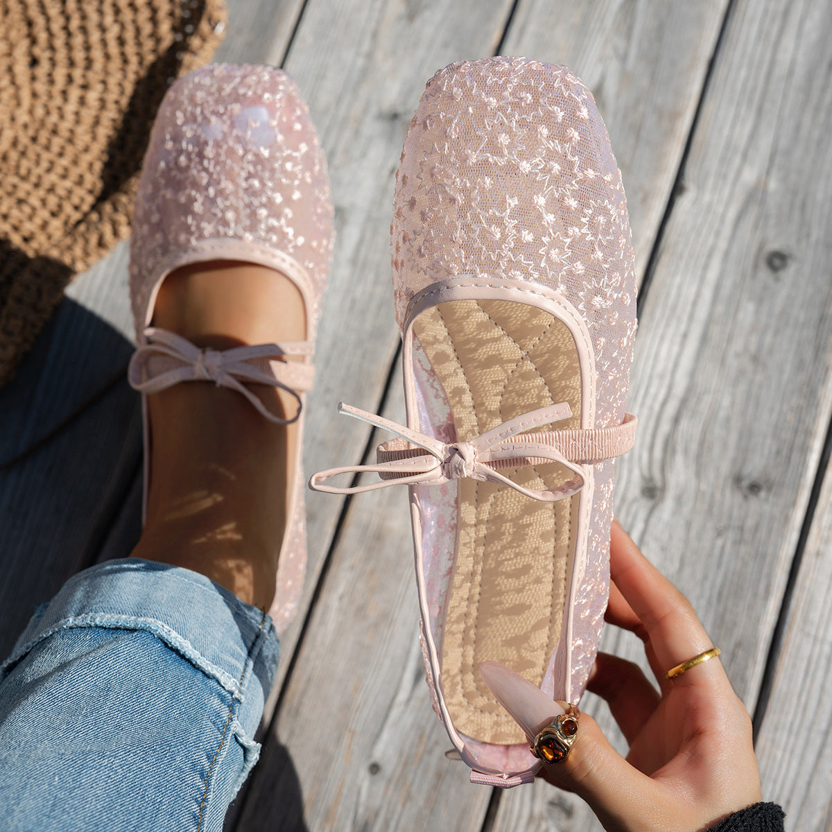 Damen elegante Ballerinas mit floralen Applikationen und rutschfester Sohle EB