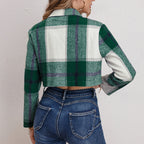 Damen Karierte Jeansjacke im cropped Schnitt mit Brusttaschen EB