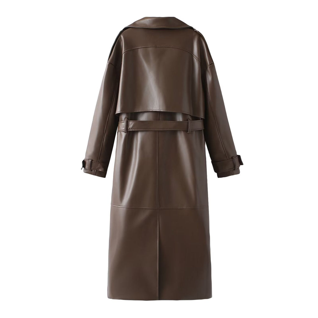 Damen Kunstleder-Trenchcoat mit modischem Schnitt und praktischen Taschen EB