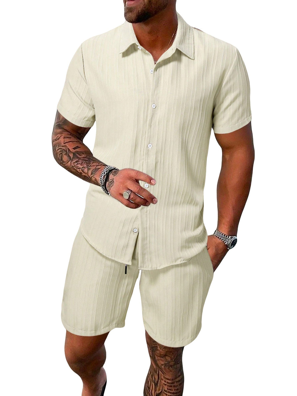 Leichtes Herren-Kurzarmhemd mit offenem Kragen und passender Shorts aus strukturiertem Baumwollmix