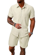 Leichtes Herren-Kurzarmhemd mit offenem Kragen und passender Shorts aus strukturiertem Baumwollmix