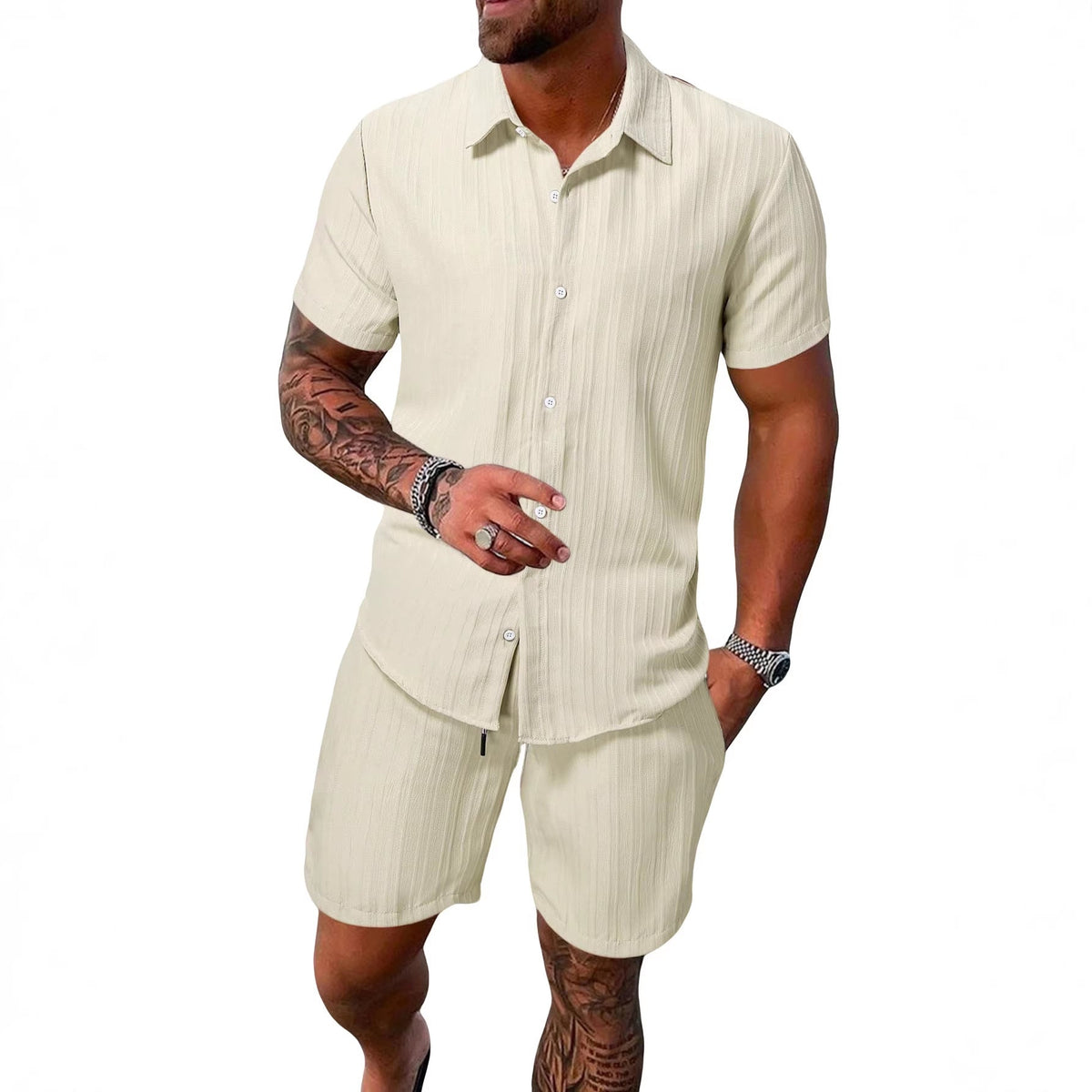 Leichtes Herren-Kurzarmhemd mit offenem Kragen und passender Shorts aus strukturiertem Baumwollmix