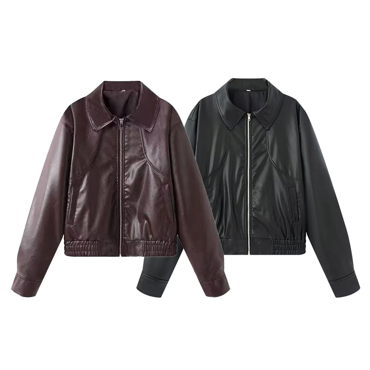 Damen Kunstleder Bikerjacke mit elastischem Bund und schlichten Taschen EB