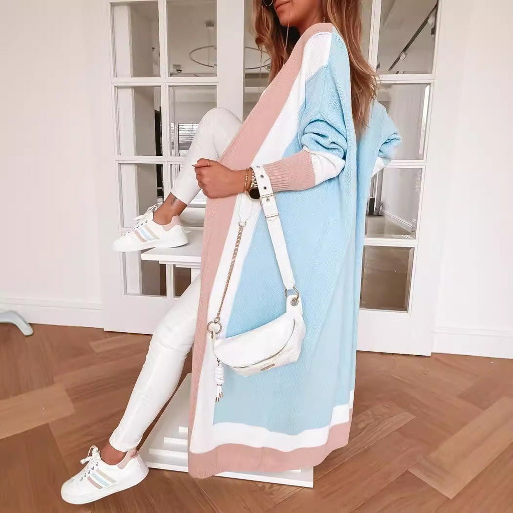 Damen Großer modischer Strickmantel mit auffälligem Farbblockdesign EB