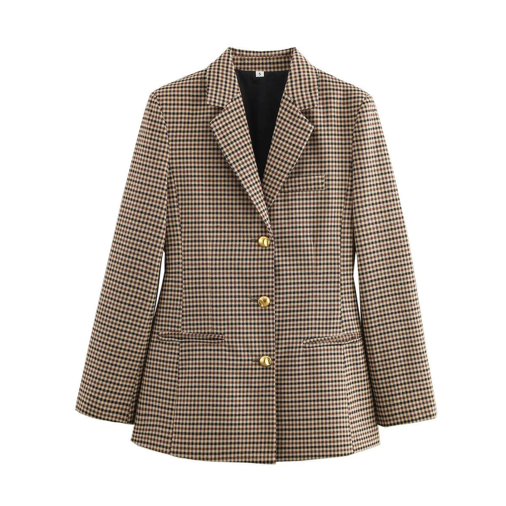 Damen elegante karierte Blazerjacke mit Goldknöpfen EB