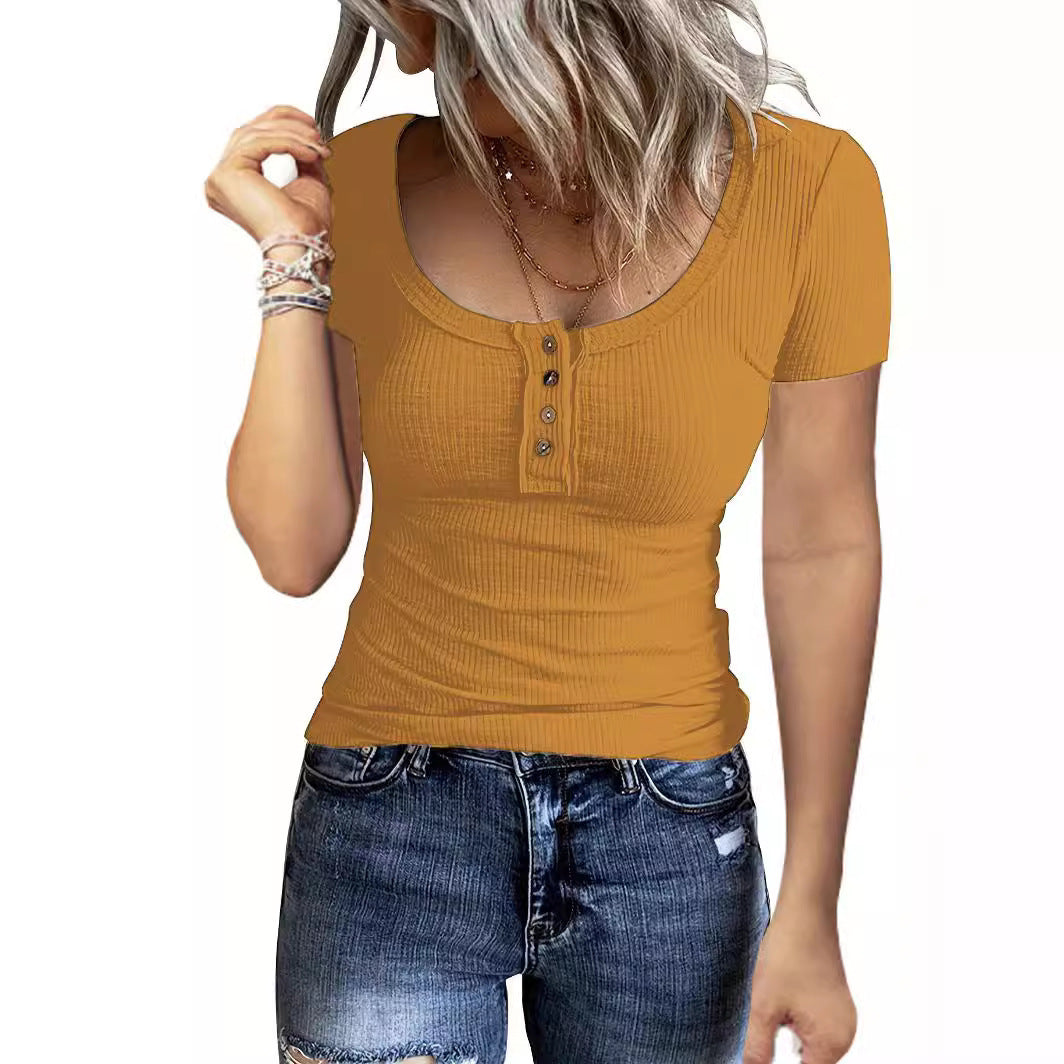 Damen Figurbetontes Kurzarmshirt mit strukturiertem Rippdesign und Knopfleiste EB