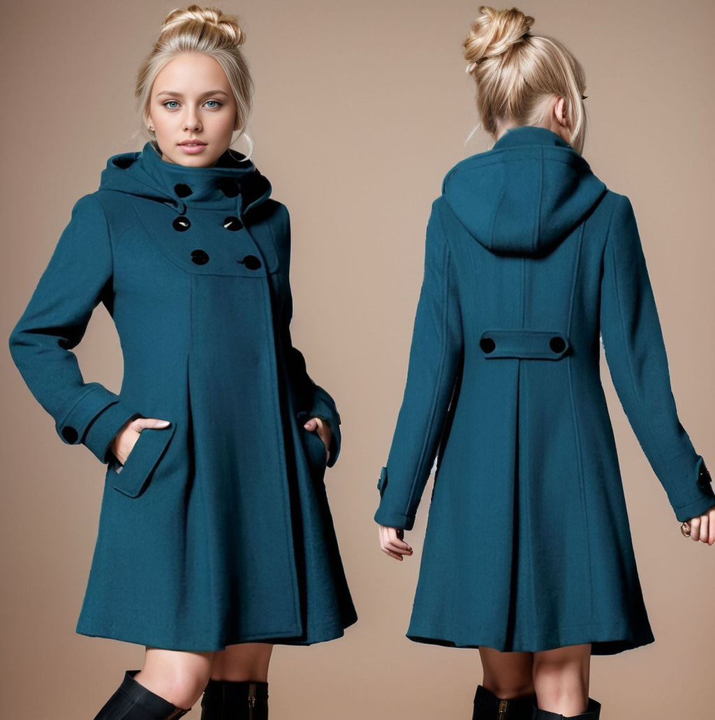 Damen eleganter Kapuzenmantel mit doppelter Knopfreihe und seitlichen Taschen EB