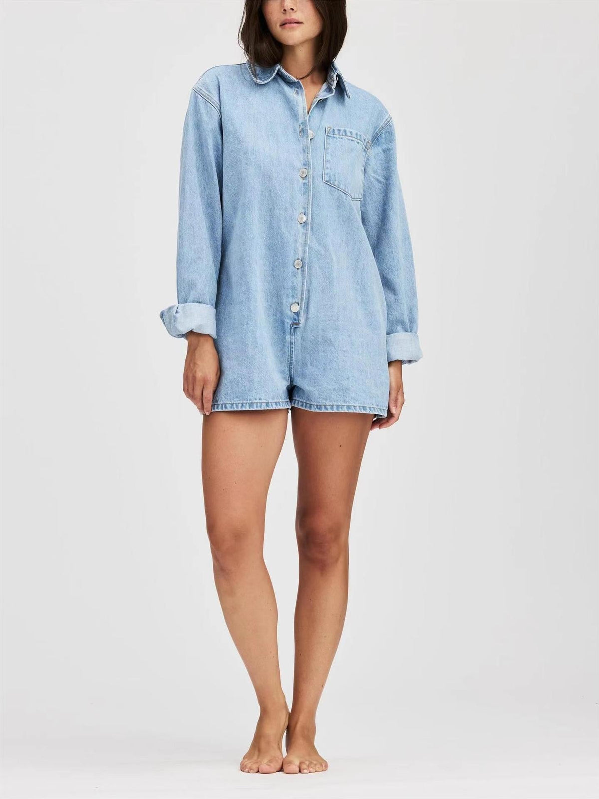 Damen Denim-Overall mit langen Ärmeln und klassischem Button-Up-Verschluss EB