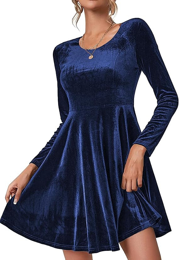 Damen A-Linien Kleid aus samtiger Qualität mit langen Ärmeln und Rundhalsausschnitt EB