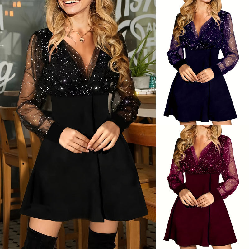 Damen elegantes Kurzarmkleid mit transparenten Ärmeln und funkelndem Detail EB