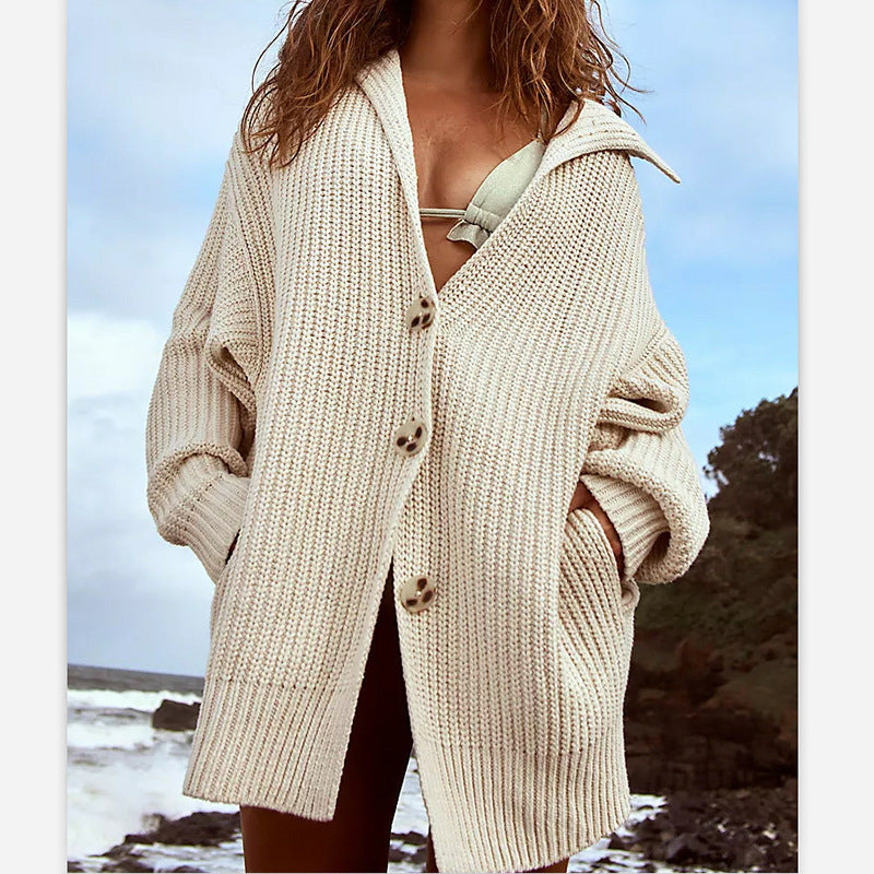 Damen Grobstrickjacke mit weiten Ärmeln und Kapuze EB