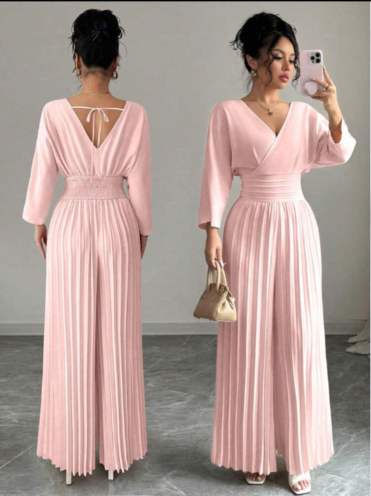 Eleganter Damen-Plissee-Jumpsuit mit V-Ausschnitt